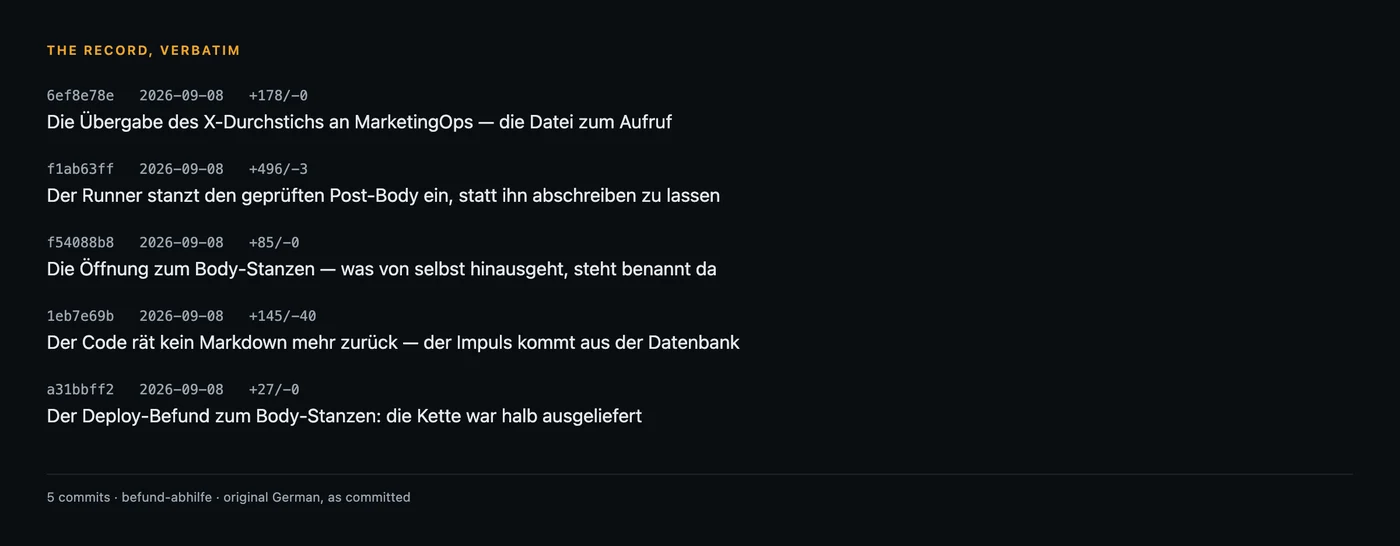 The commit subjects, in the original German.