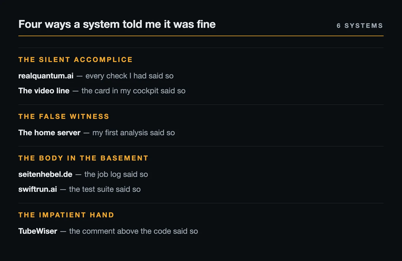 Six systems grouped into four patterns, each naming the instrument that reported everything was fine