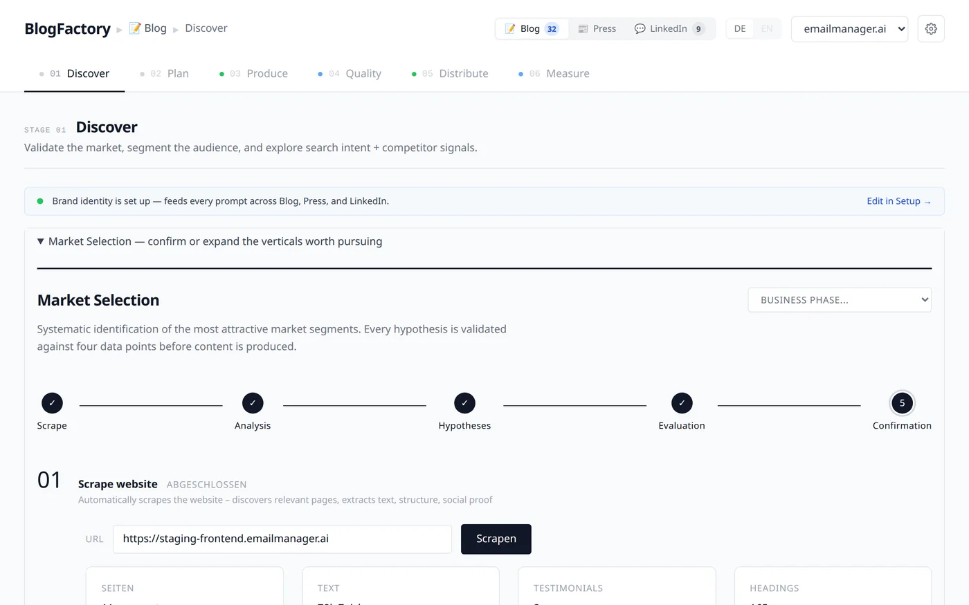 Stage one of the cockpit: discover, with market selection and a scraped website