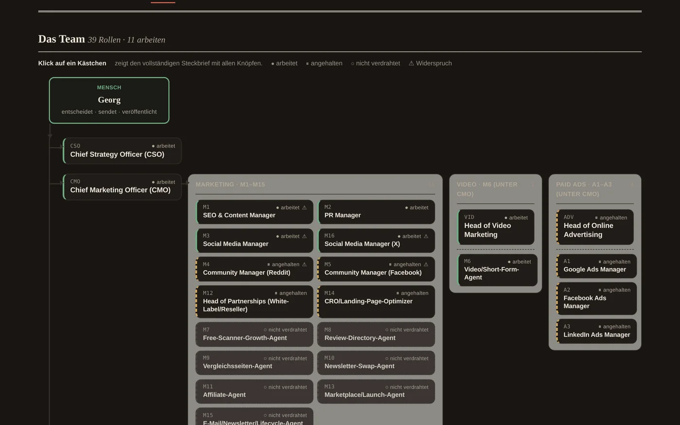 The team view: an organisation chart with the human at the top, then strategy, marketing, paid ads and video roles