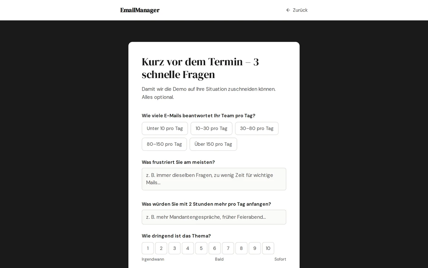 The demo booking page: three short questions before the appointment