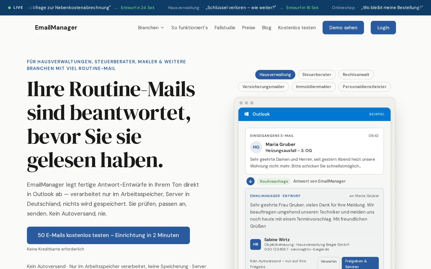 The emailmanager.ai front page on a desktop screen