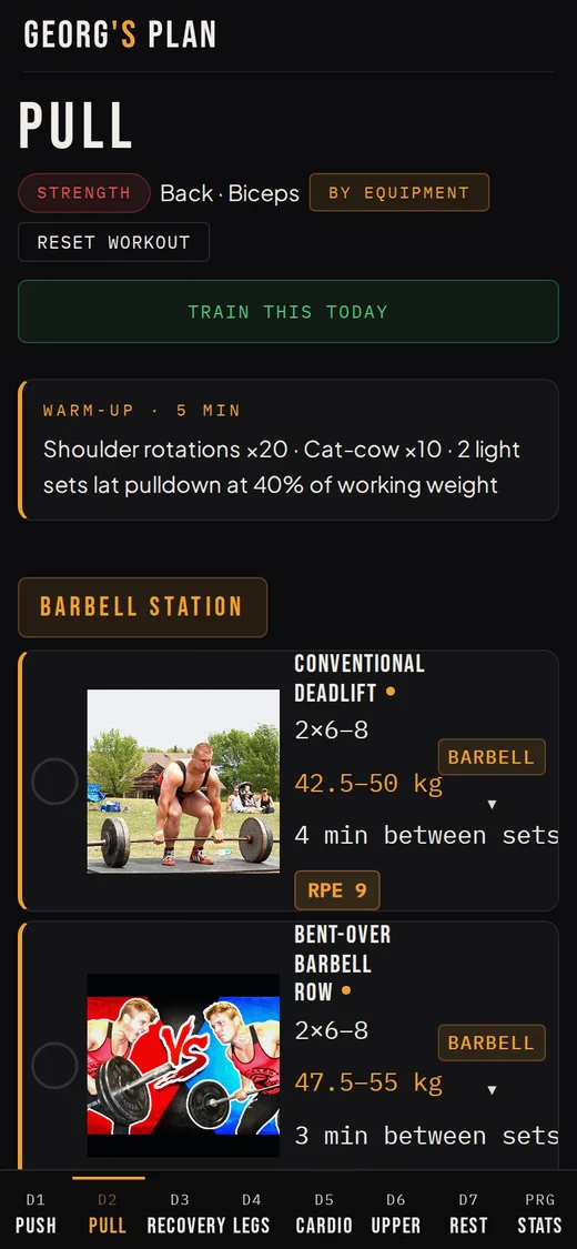 Pull day on a phone: deadlift and barbell row with weight ranges and rest times