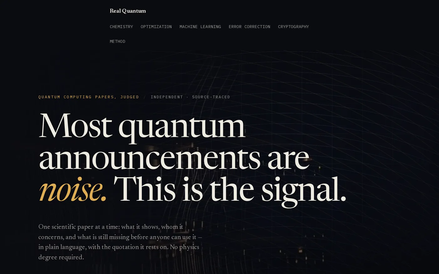 The realquantum.ai front page on a desktop screen: dark, serif headline, two buttons