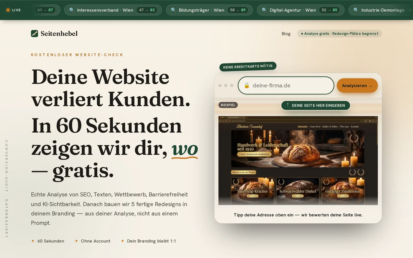 The seitenhebel.de front page on a desktop screen