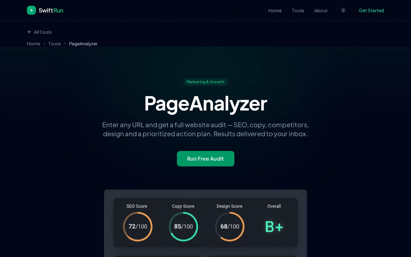 The page analyser tool page with example scores