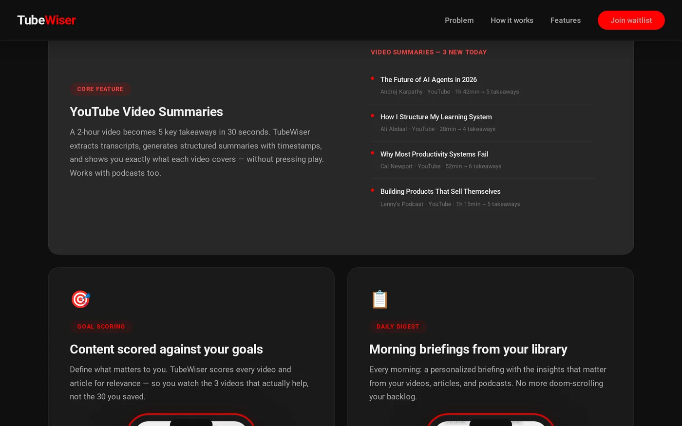 Feature section of the landing page: video summaries with takeaways, goal scoring, morning briefings