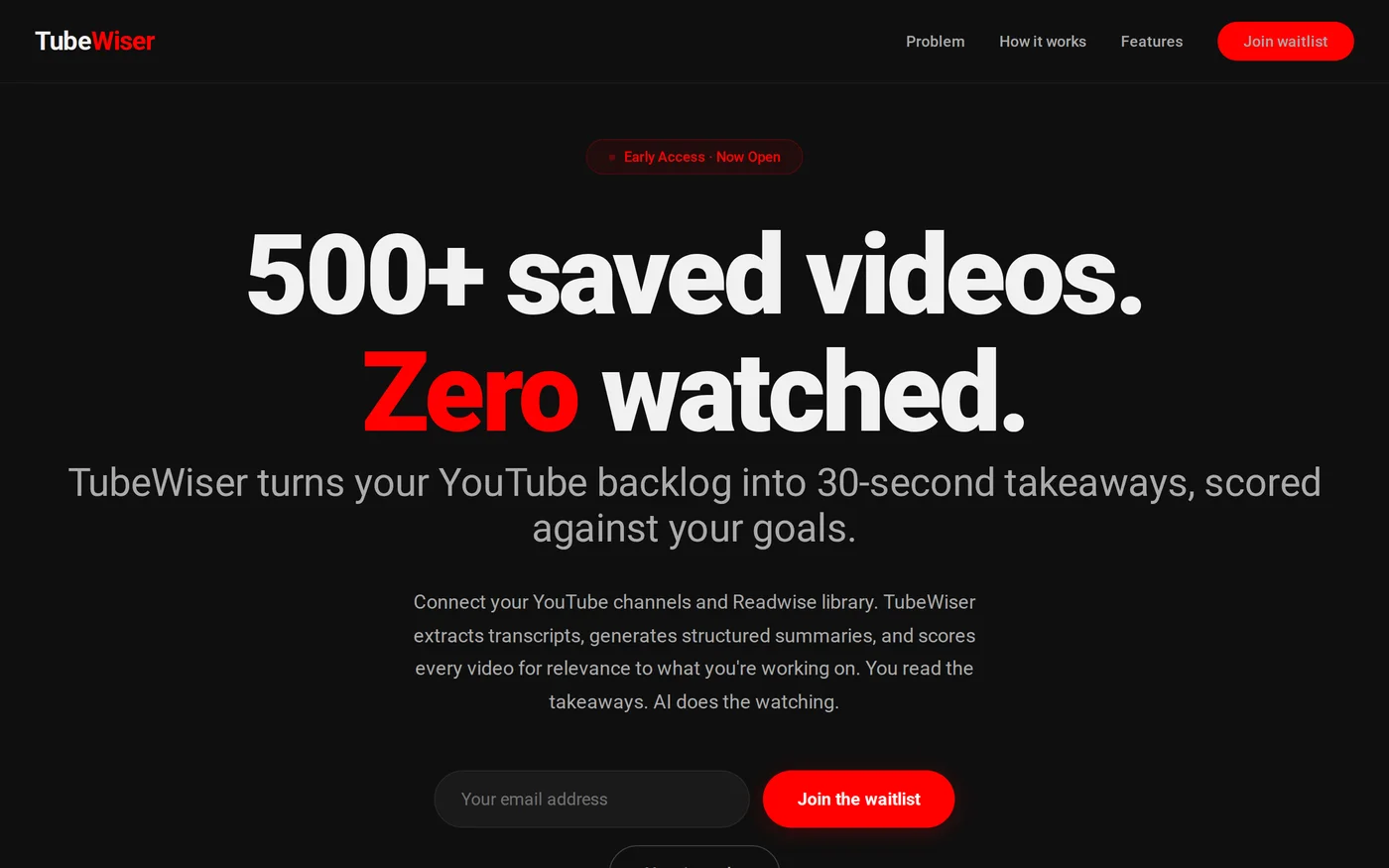 The tubewiser.ai landing page on a desktop screen