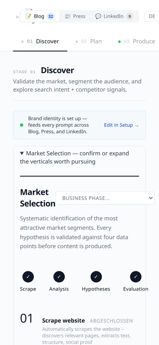 The blog factory cockpit on a phone screen: the pipeline behind five sites