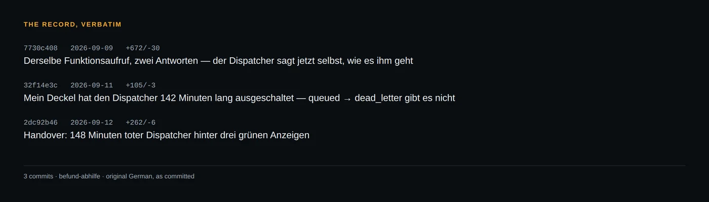 The commit subjects as I wrote them, in German. The middle one names the cap as mine.