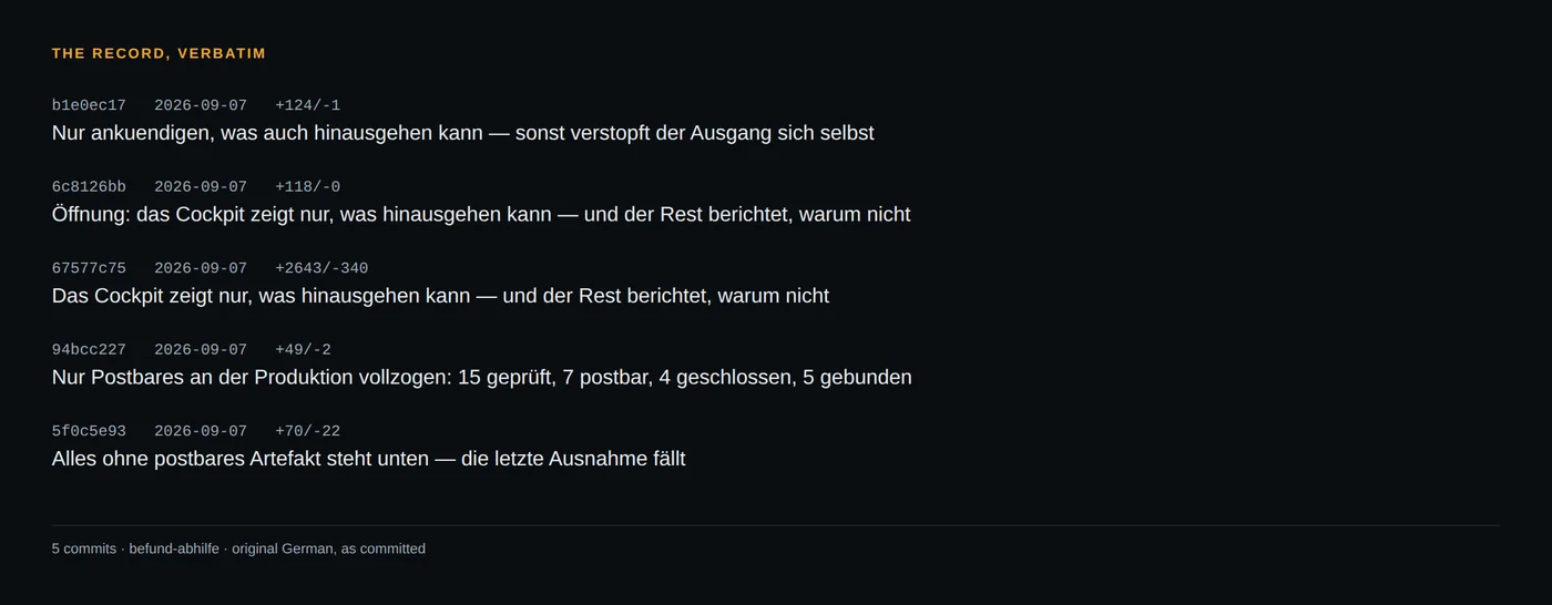 The commit subjects of that day, in the original German. The first one names the clogged exit before the list was touched at all.