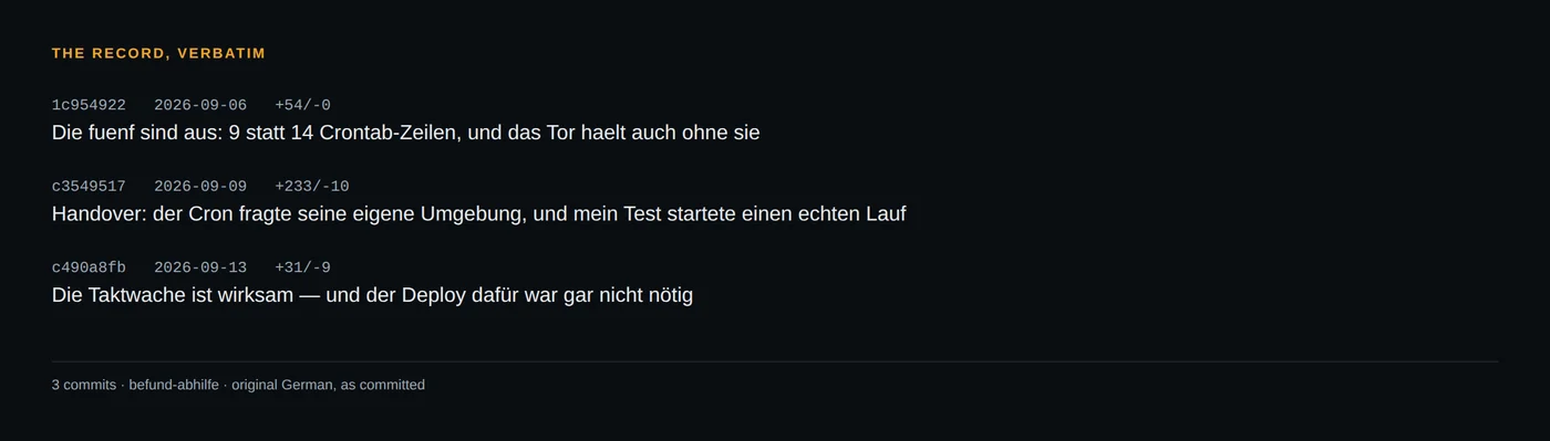 The commit subjects in the original German, as they stand in the log.