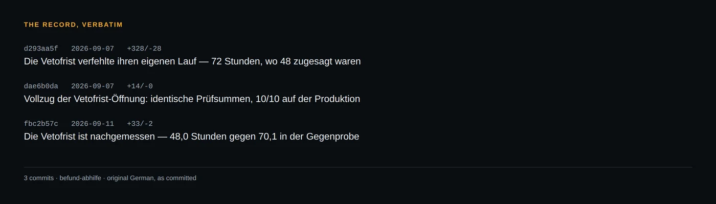 The three commit subjects in the German original, as they stand in the log.