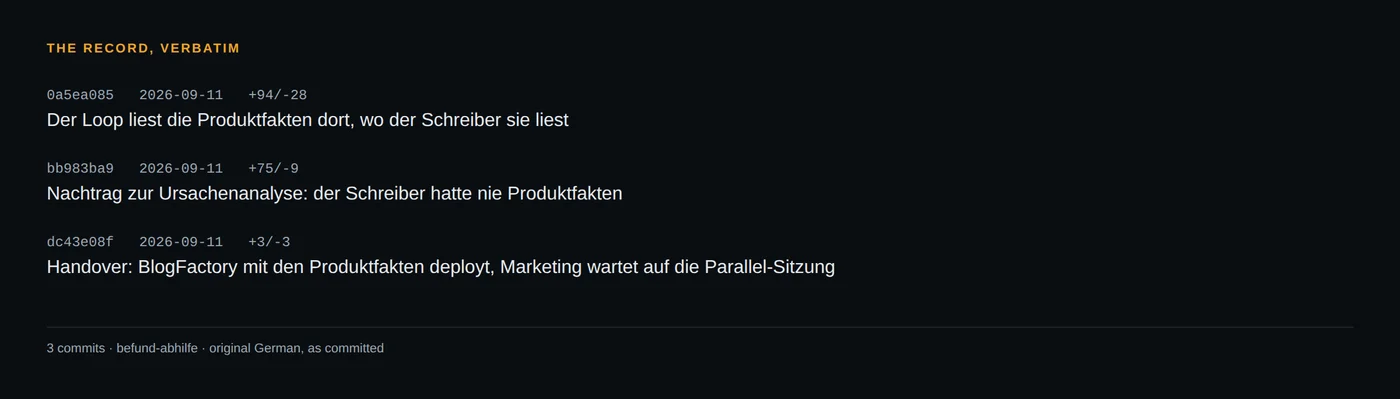 The commit subjects in the original German.